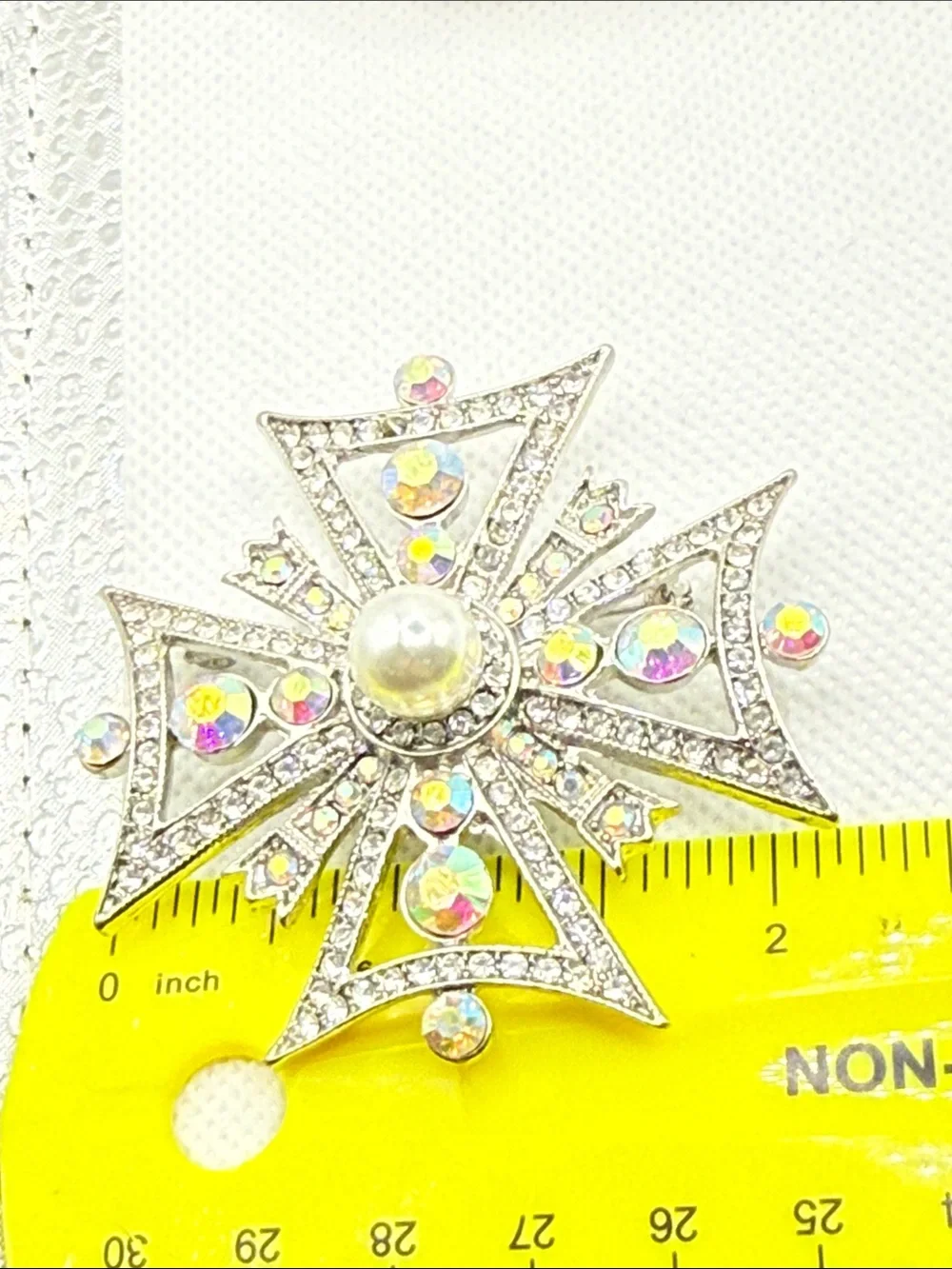 High end Vintage Aurora Borealis pave rhinestone  Cross Brooch faux Pearl Center